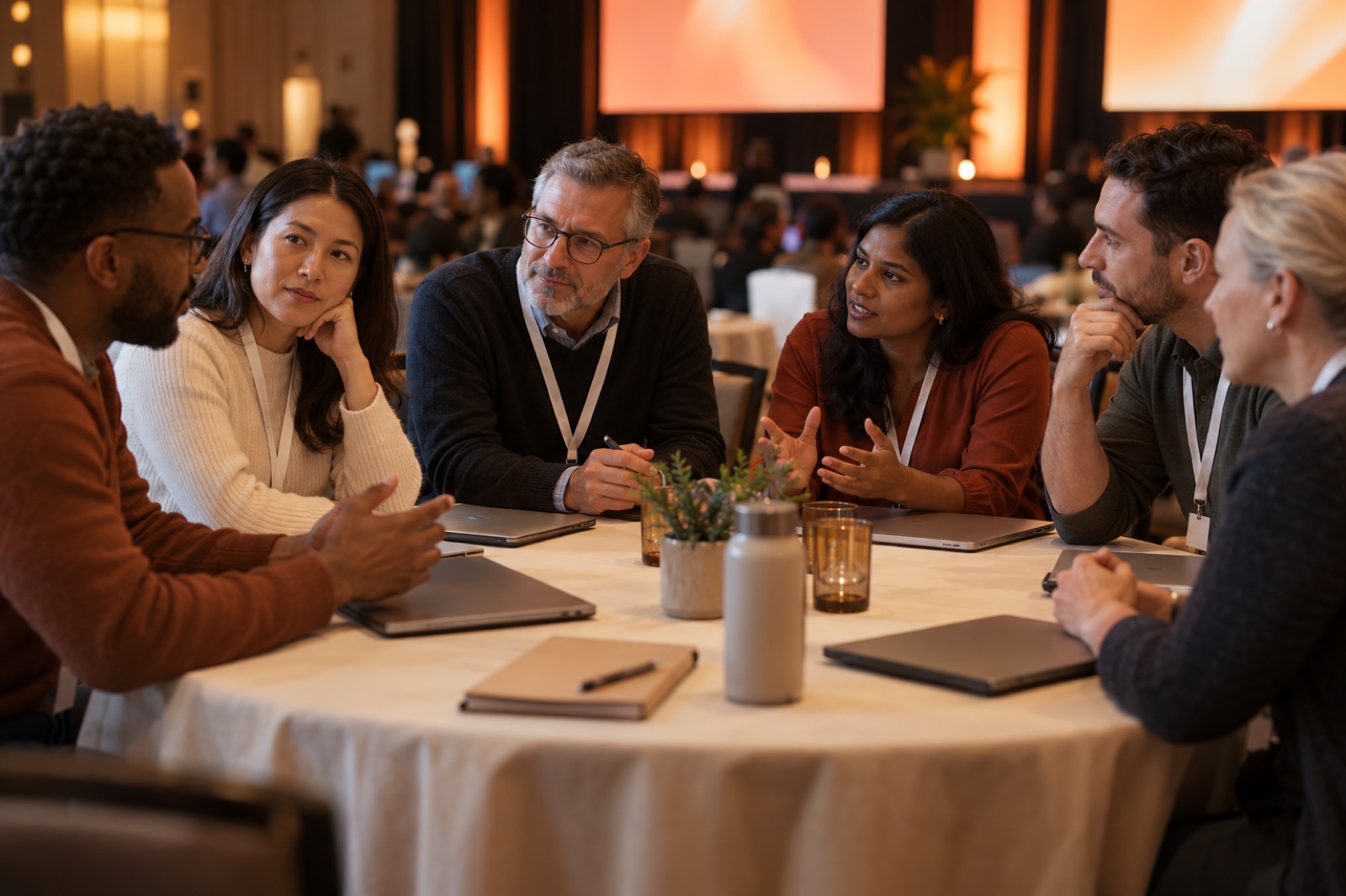 Illustration: Conference attendees sharing ideas around a round table