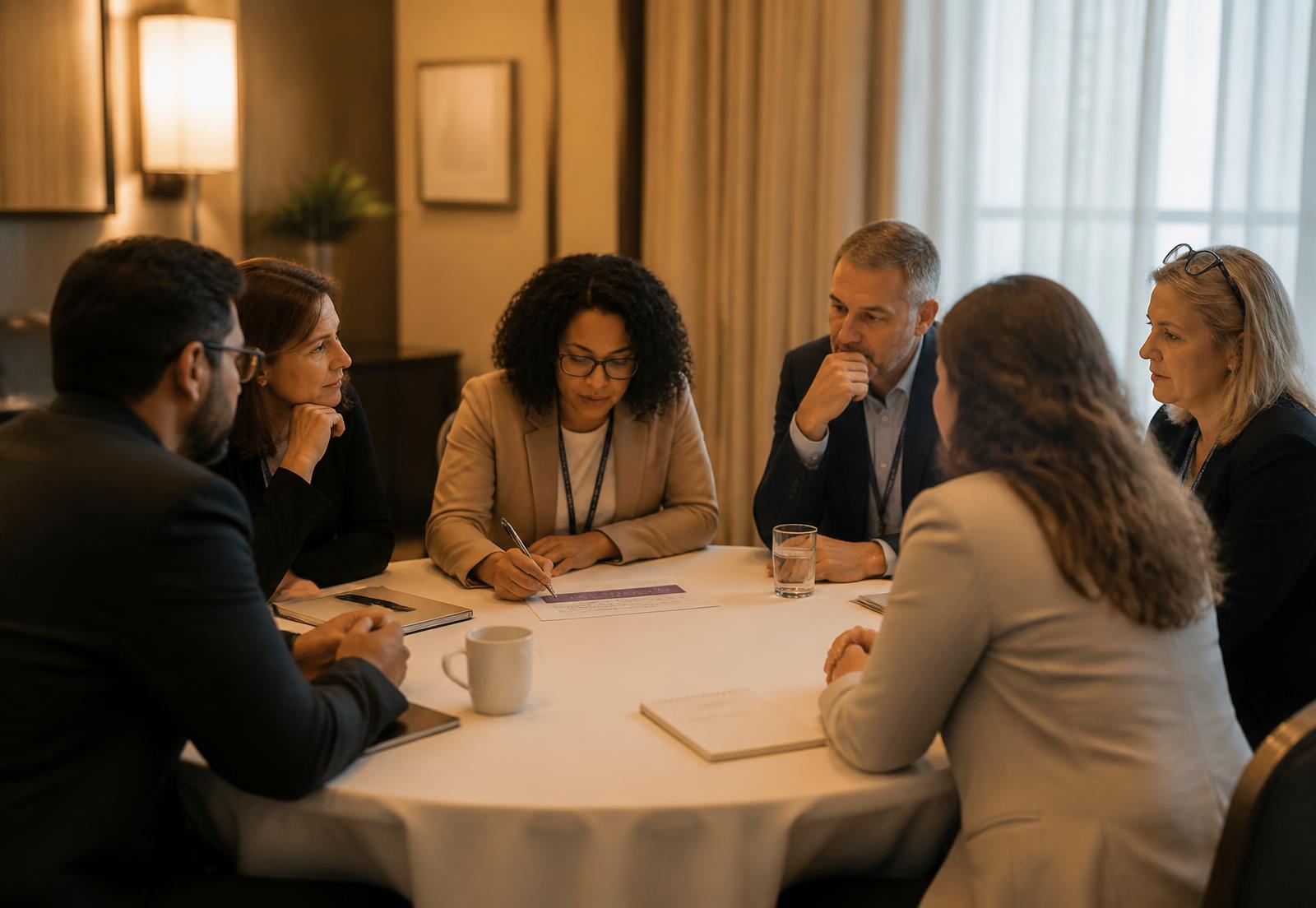 Illustration: Six conference attendees in a facilitated roundtable discussion around a small round table